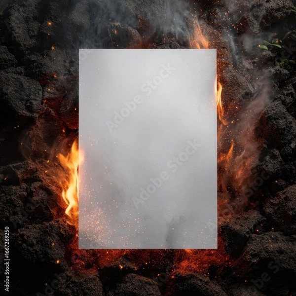 Fototapeta Paper Mockup with Flames and Smoke on Volcanic Rocks – Realistic A4 Template