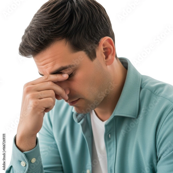 Obraz Man rubbing eyes in frustration feeling stressed mental health concept transparent background