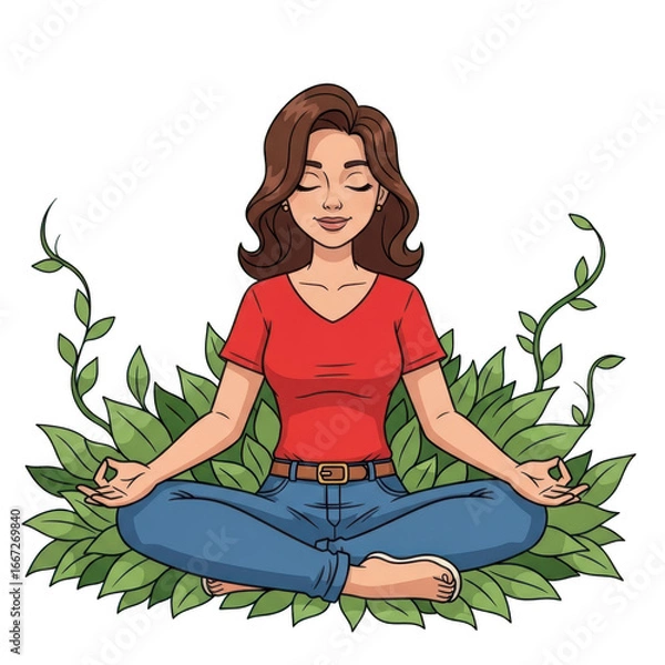 Obraz Woman meditating in lotus pose surrounded by lush greenery serene mindful practice transparent background