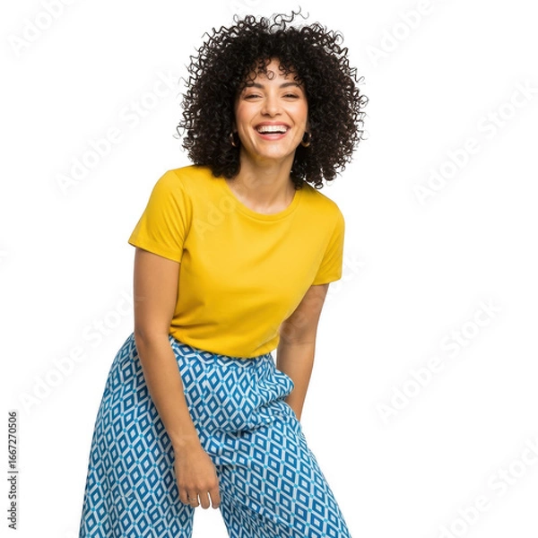 Obraz Joyful woman in yellow top and blue patterned pants smiling against a solid backdrop transparent background