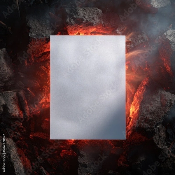 Fototapeta Paper Mockup on Glowing Volcanic Rocks with Smoke – Realistic A4 Template