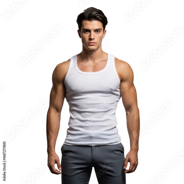 Obraz Muscular man in white tank top and grey pants posing confidently transparent background