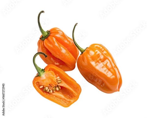 Obraz Three orange habanero peppers isolated on a transparent background png food design concept