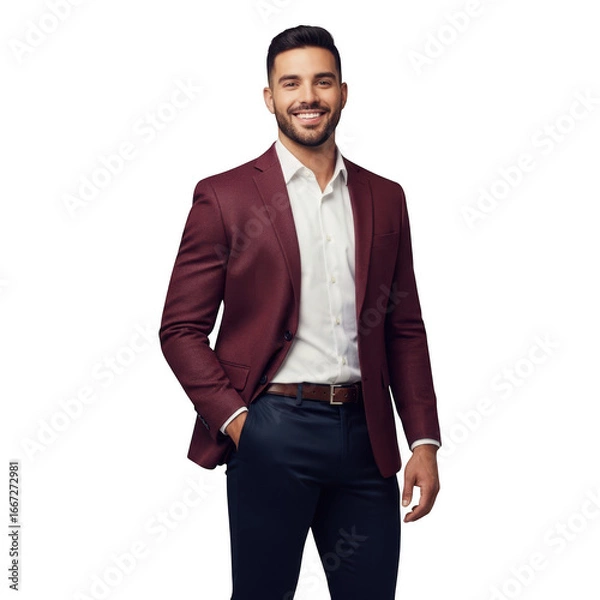 Obraz Smiling man in burgundy blazer and navy pants confidently posed professionally transparent background
