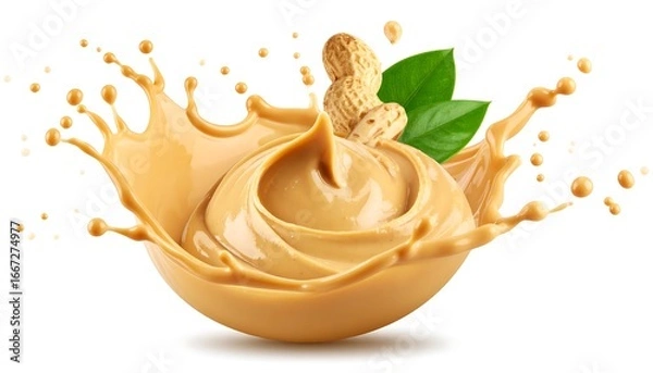 Fototapeta Creamy Peanut Butter Splash with Peanuts and Green Leaves.