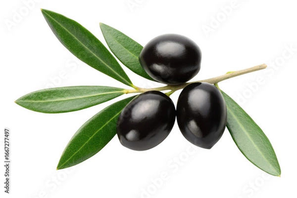 Fototapeta Black olives on a branch with leaves isolated on transparent background