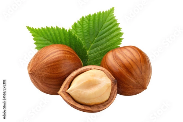 Fototapeta Three hazelnuts with green leaves isolated on transparent background