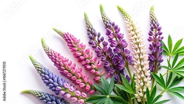 Fototapeta Colorful lupine flowers in a beautiful arrangement on a clean white background