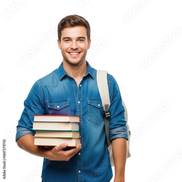 Fototapeta Smiling young man holding a stack of books with a backpack isolated on transparent background