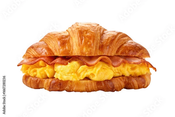 Fototapeta Croissant breakfast sandwich with scrambled eggs and bacon isolated on transparent background