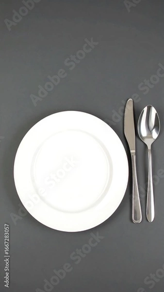 Obraz Empty plate and cutlery on gray surface