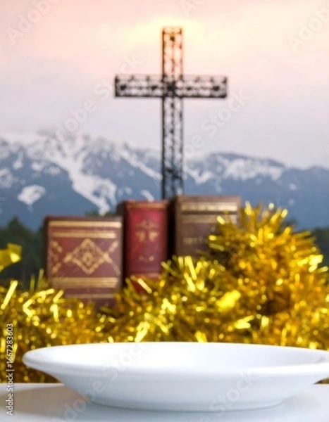 Obraz Empty plate, cross, books, mountains, gold