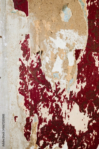 Fototapeta Old wall with peeling red decorative wallpaper and exposed plaster texture. Vintage distressed surface with layers of worn paper, cracked paint, and aged structure