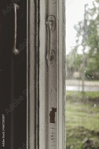 Fototapeta Close up of an old wooden window with peeling paint and rusty handle, viewed from inside. Vintage texture with cracked paint, worn wood, and blurred outdoor greenery.