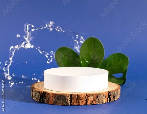 Obraz Empty product display with water splashes and leaves