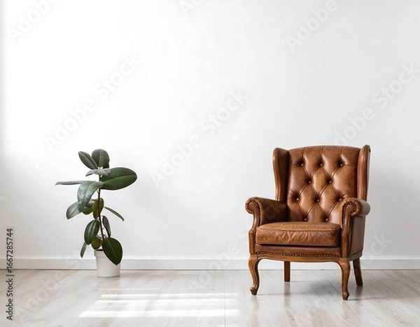 Obraz Empty room with leather wingback chair and plant