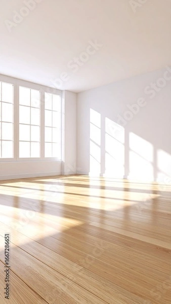 Obraz Empty room with sunlight streaming through large windows