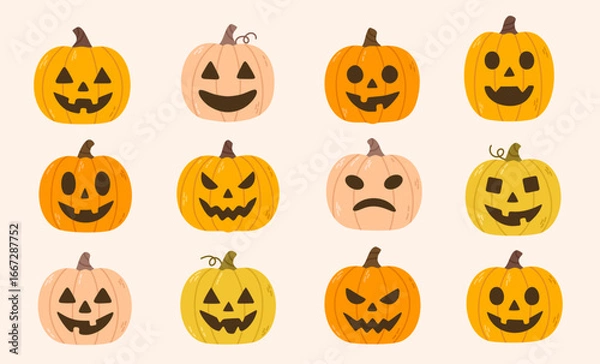 Fototapeta Collection of halloween pumpkins with different faces isolated on beige background