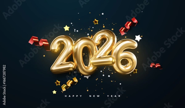 Fototapeta Realistic 2026 golden numbers with festive confetti, stars and spiral ribbons on black background. Vector holiday illustration. Happy New 2026 Year. New year ornament. Decoration element with tinsel