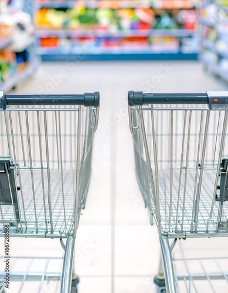Obraz Empty shopping carts in a grocery aisle