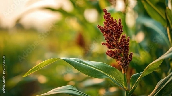 Fototapeta Close-up shot of a single sorghum plant, highlighting its tall, slender stalks, its large, green leaves and the developing, reddish brown seed heads. The sun casts a warm, golden .