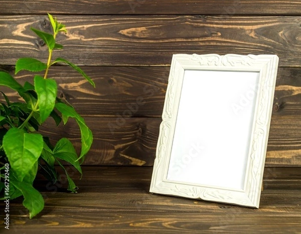 Obraz Empty white frame on dark wooden background