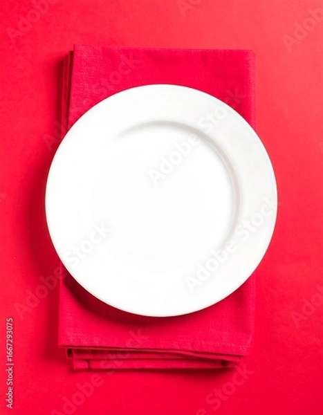 Obraz Empty white plate on red cloth