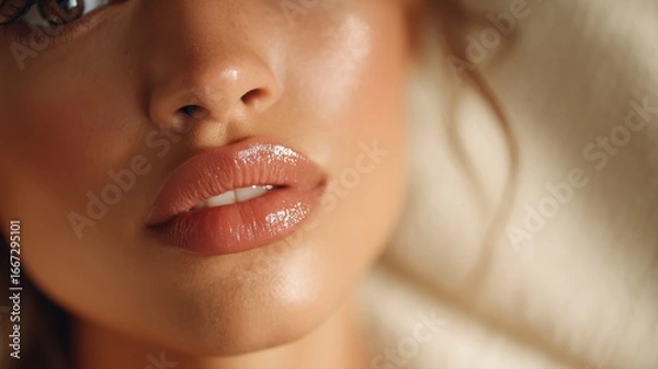 Fototapeta グロッシーなヌードリップと立体感のある肌が際立つミックス系女性のクローズアップ。美容やコスメ広告に適した素材。