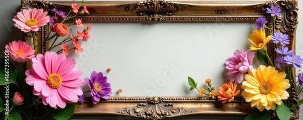 Fototapeta Delicate wildflowers arranged in antique frame, elegant, image, vintage