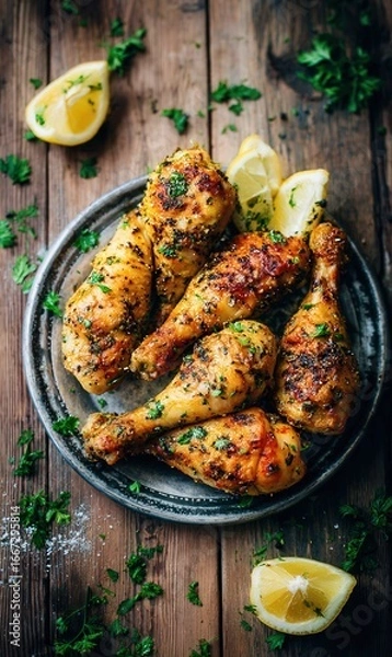 Fototapeta Deliciously Grilled Chicken Drumsticks with Fresh Lemon and Herbs on Rustic Wooden Table