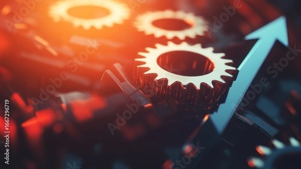 Obraz Close-up of metallic gears and an upward arrow, suggesting progress and industry