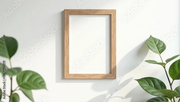 Fototapeta Aged oak picture frame on white wall Vertical orientation, subtle shadow , rustic, gallery