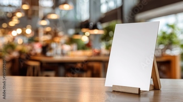 Fototapeta Mock-up of a blank menu label frame on a bar restaurant table, acrylic tent card stand with white sheets, blurred cafeteria background .