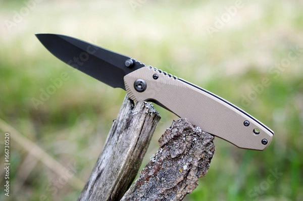 Fototapeta Open pocket tourist knife lies on cracked tree branch. Tool for 