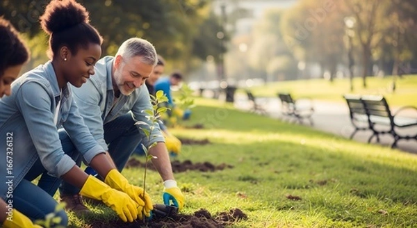 Fototapeta Community volunteers planting trees in park for environmental conservation and green initiatives project