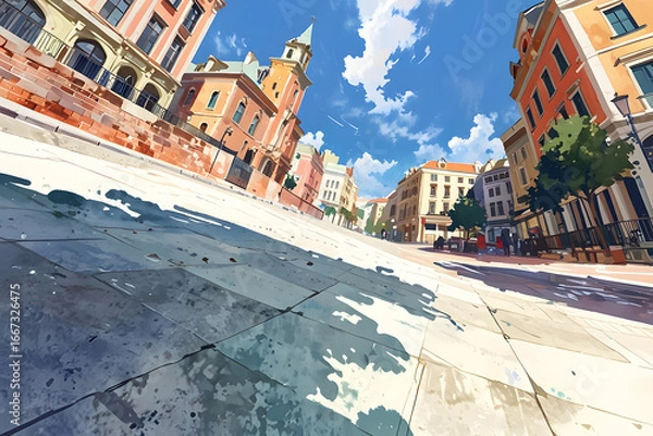 Fototapeta View from below: Colonial houses with a church and a mountain in the background