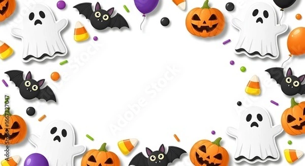 Obraz Spooky Halloween Border Design with Ghosts, Bats, and Pumpkins