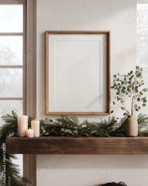 Obraz Frame mockup | 8x10 blank wooden frame on rustic mantle with candles garland and vase near winter window | Holiday interior aesthetic | Wall art and print design template