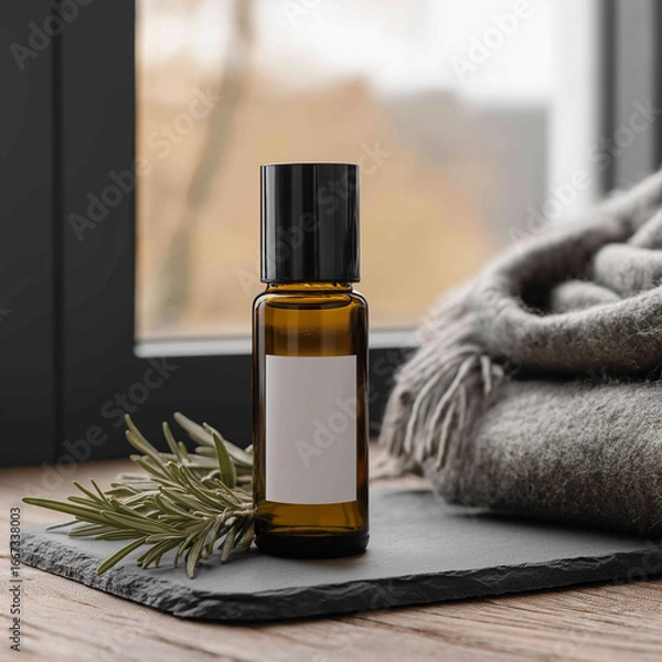 Fototapeta Rollerball bottle mockup | Amber glass rollerball with blank white label and black cap on slate with rosemary and blanket near window | Natural spa aesthetic | Essential oils and cosmetic branding