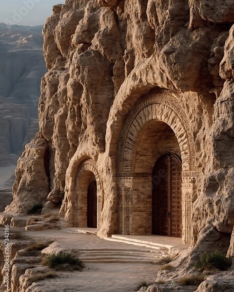 Fototapeta Ancient temple doorway carved into sandstone cliffs high resolution image