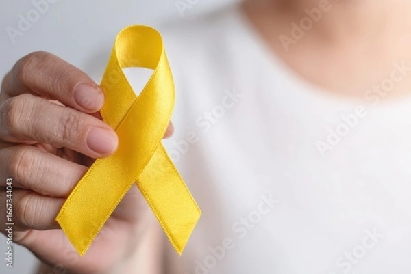 Fototapeta Close up of woman holding yellow ribbon showing support for Bone Cancer, Suicide Prevention and troops deployed