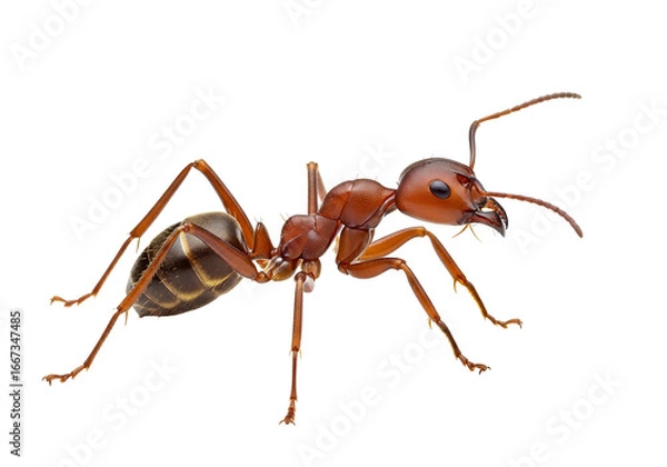 Fototapeta A detailed close-up view of a large reddish-brown ant, showcasing intricate patterns and textures on its body, against a pure black backdrop.