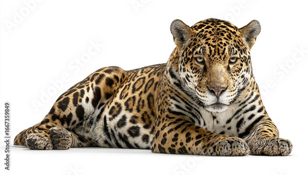 Obraz Majestic jaguar lying down on a white background isolated on white background