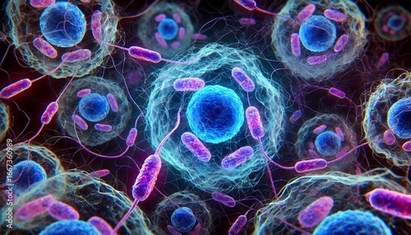 Fototapeta Microscopic view of bacteria and cells, depicting a biological infection or cellular interaction