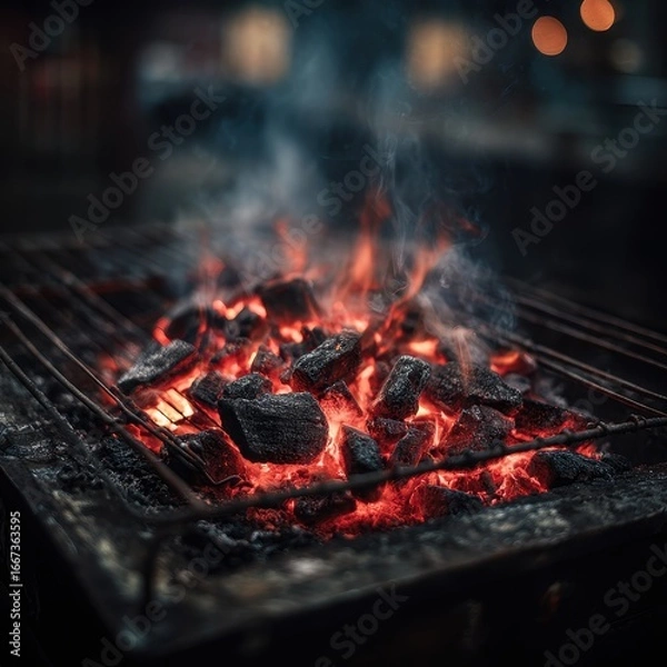 Fototapeta Close-up of Burning Charcoal on Barbecue Grill with Flames – Realistic Fire Background