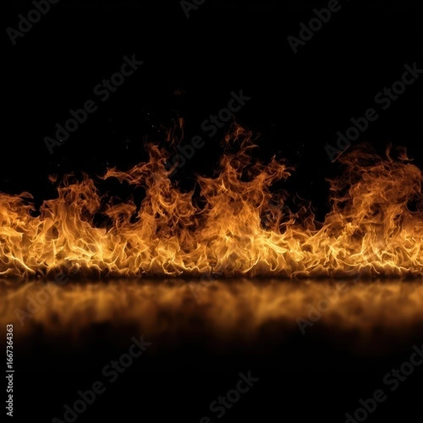 Fototapeta Horizontal Line of Flames on Black Background with Reflection – Fire Texture