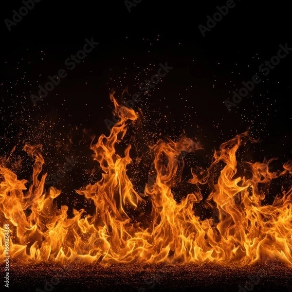 Fototapeta Horizontal Line of Flames on Black Background with Reflection – Fire Texture