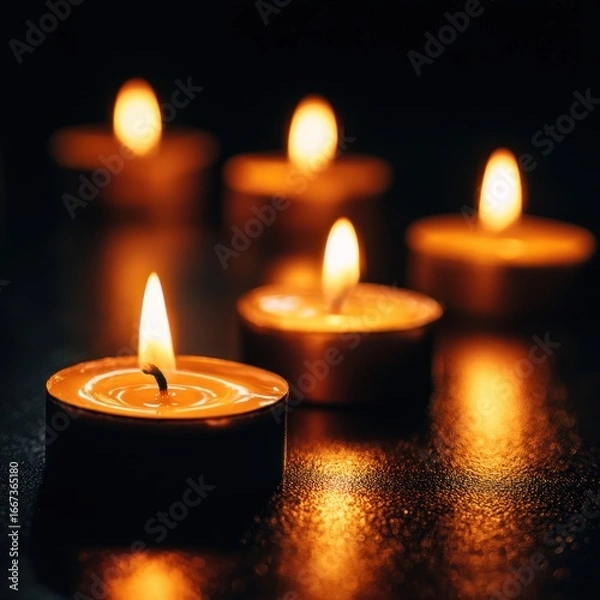 Fototapeta Burning Candles with Warm Flame Light on Dark Background – Realistic Close-up Photo