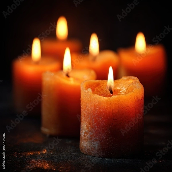 Fototapeta Burning Candles with Warm Flame Light on Dark Background – Realistic Close-up Photo