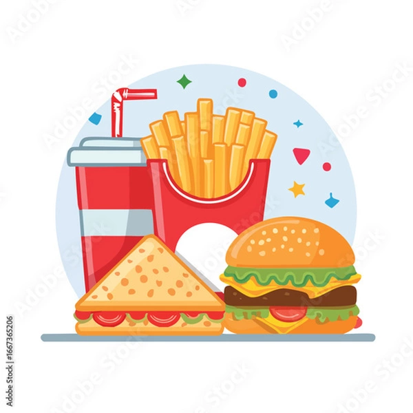 Fototapeta Colorful flat vector illustration of a fast food combo meal with a burger, fries, and sandwich. Brightly colored icons perfect for a snack or lunch menu design